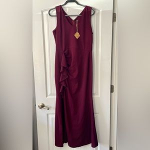 Fortric V-Neck Long Dress with Ruffle Detail and Split, XL, New with Tags Maroon